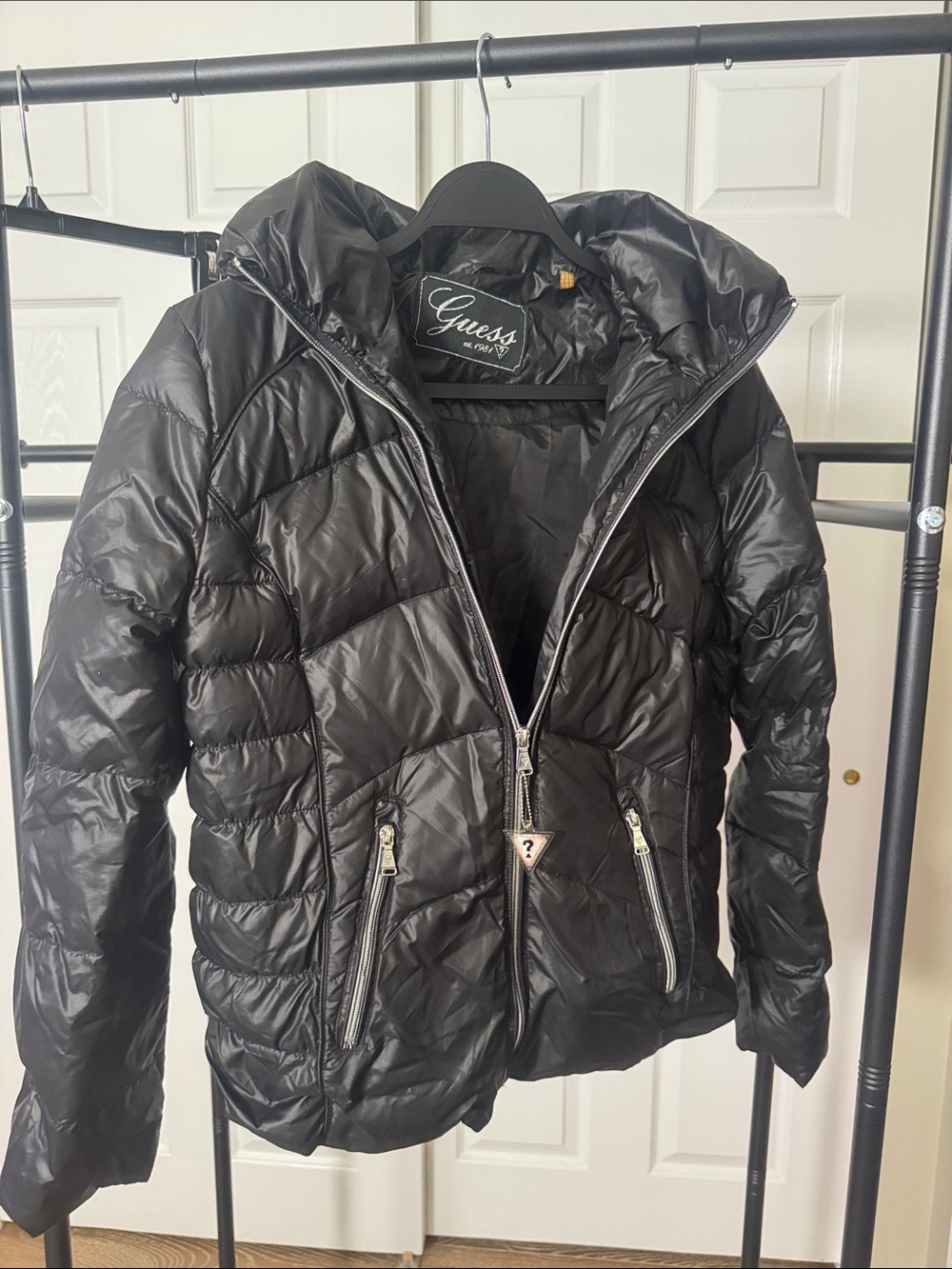 Guess Black Shiny Quilted Puffer Jacket with Hood